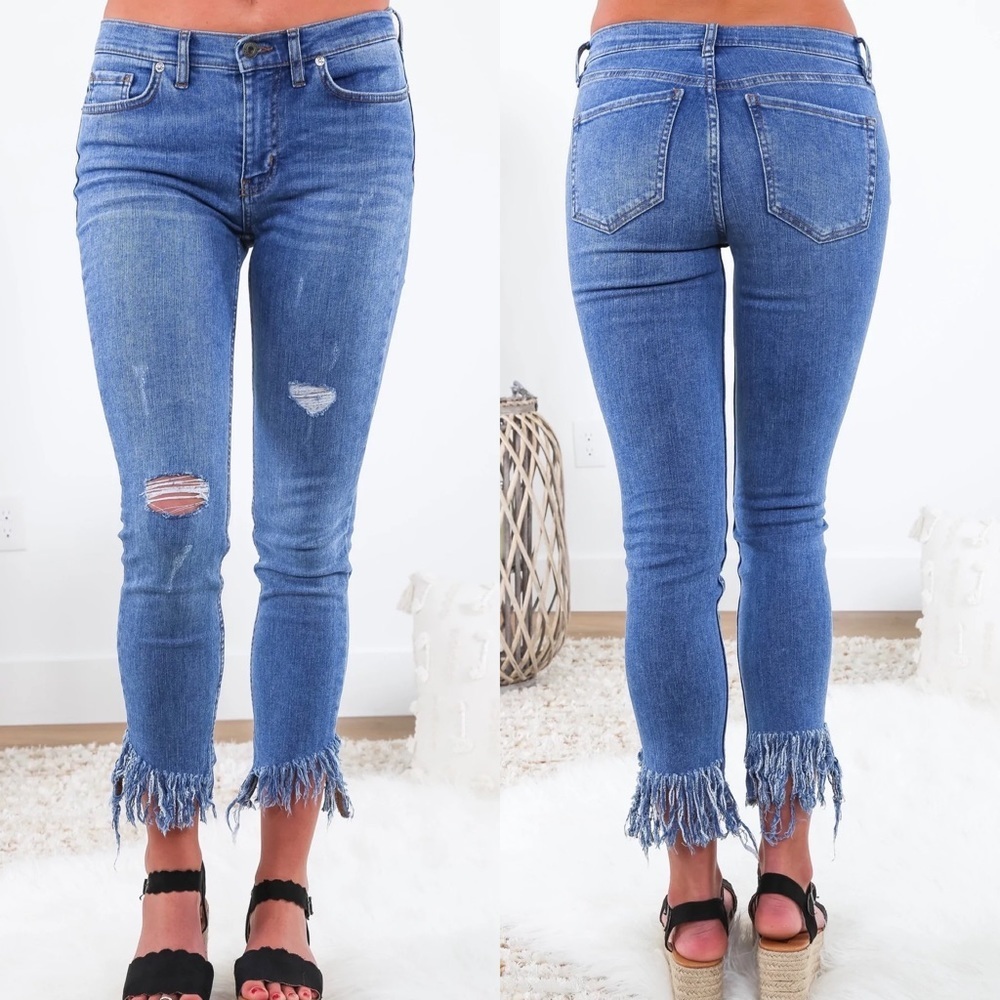 Free People Raw Hem Fringe High Rise Denim Blue Jeans Great Heights Size 27 Boho